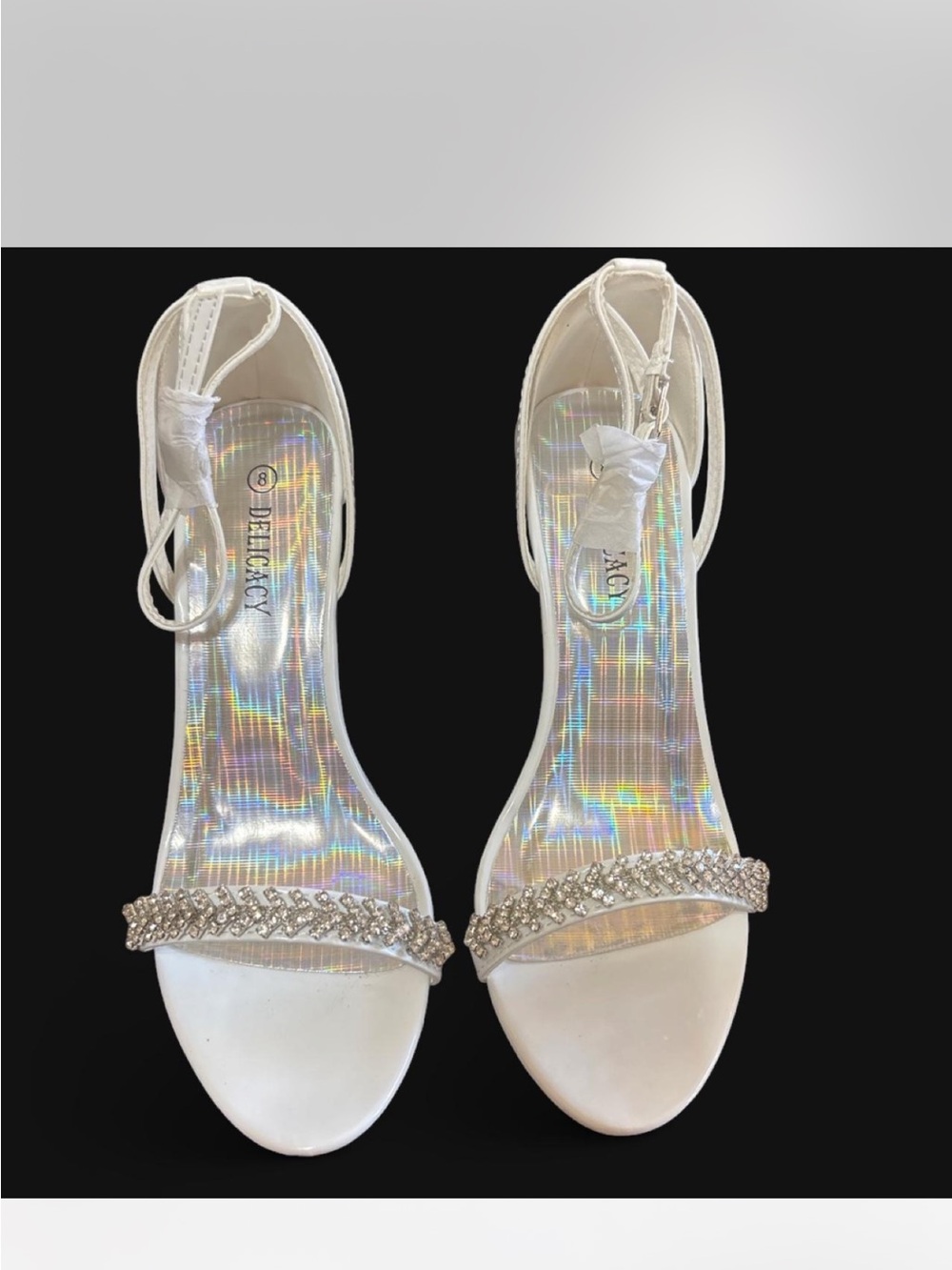 Delicacy White Holographic Insole Crystal-Strap Ankle-Tie Heels